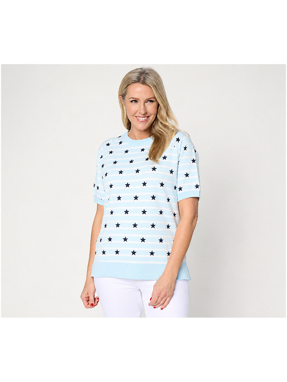 Belle by Kim Gravel French Terry Stars Striped Top Palm Beach Blue, Size Large